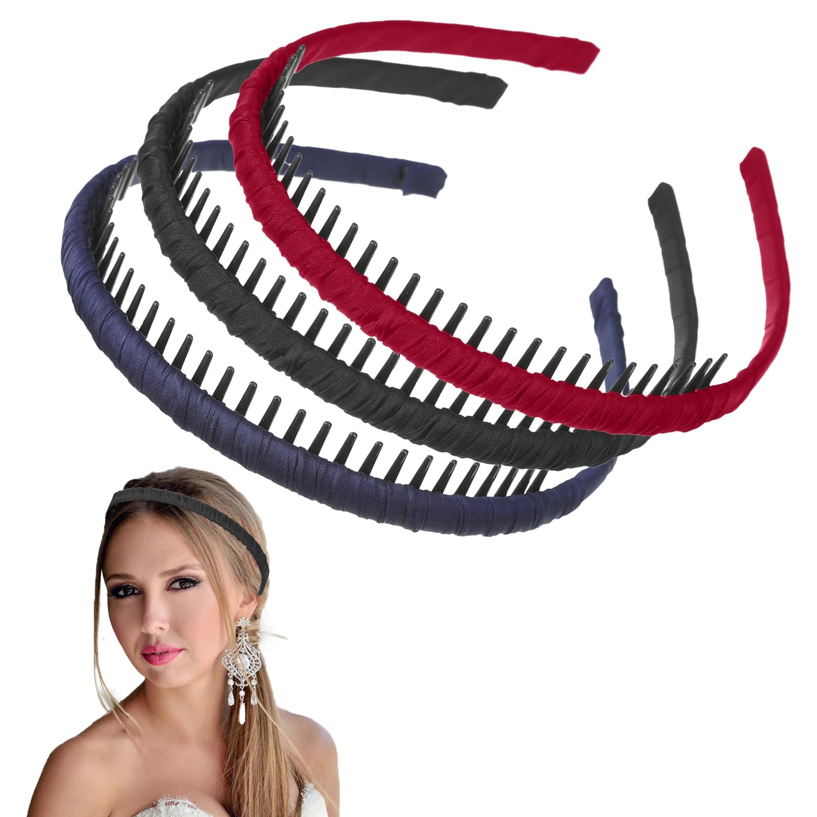 3 Pcs Shark's Tooth Hard Headbands, Plastic Teeth Combs with Non-slip Hoops & Cloth Cover, Colourful Satin Headbands Accessories for Girls, Black, Wine, Red, Cyan