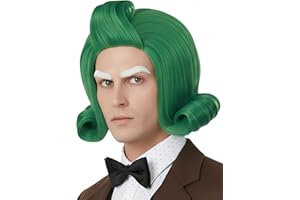 ZGXYZXMY Green Short Curly Wig with White Eyebrows Cap for Mens Halloween Elf Cosplay