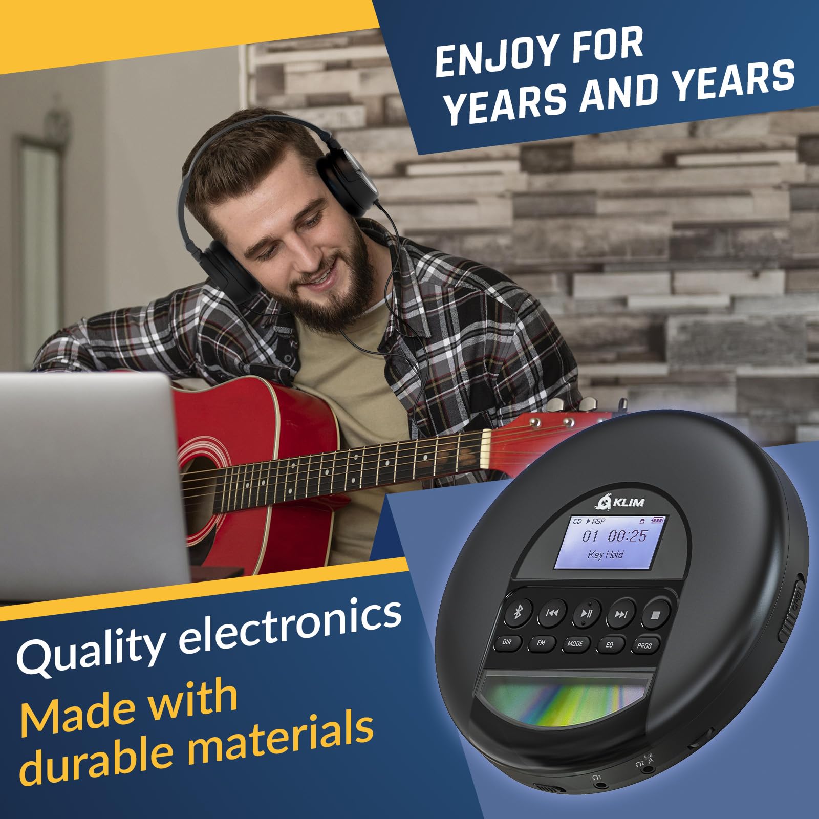 KLIM Nomad with Headset - New Version - Portable CD Player Walkman with Long-Lasting Battery - Radio FM - Compatible MP3 CD Player Portable - TF Card Radio FM Bluetooth - Ideal for Cars - Black