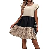 SOLY HUX Women's Color Block Ruffle Dress Cap Sleeve Crew Neck Flowy Casual Dresses