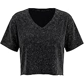 SOFIA'S CHOICE Women V Neck T Shirts Oversized Cropped Tops Cotton Vintage Shirt Workout Short Sleeve Tees Black Small