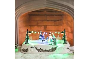 Vipush Christmas Village House Decorations Resin Skating Rink Home Decor Indoor Building Figurines Revolving Train with LED Light and 8 Christmas Music for Kids