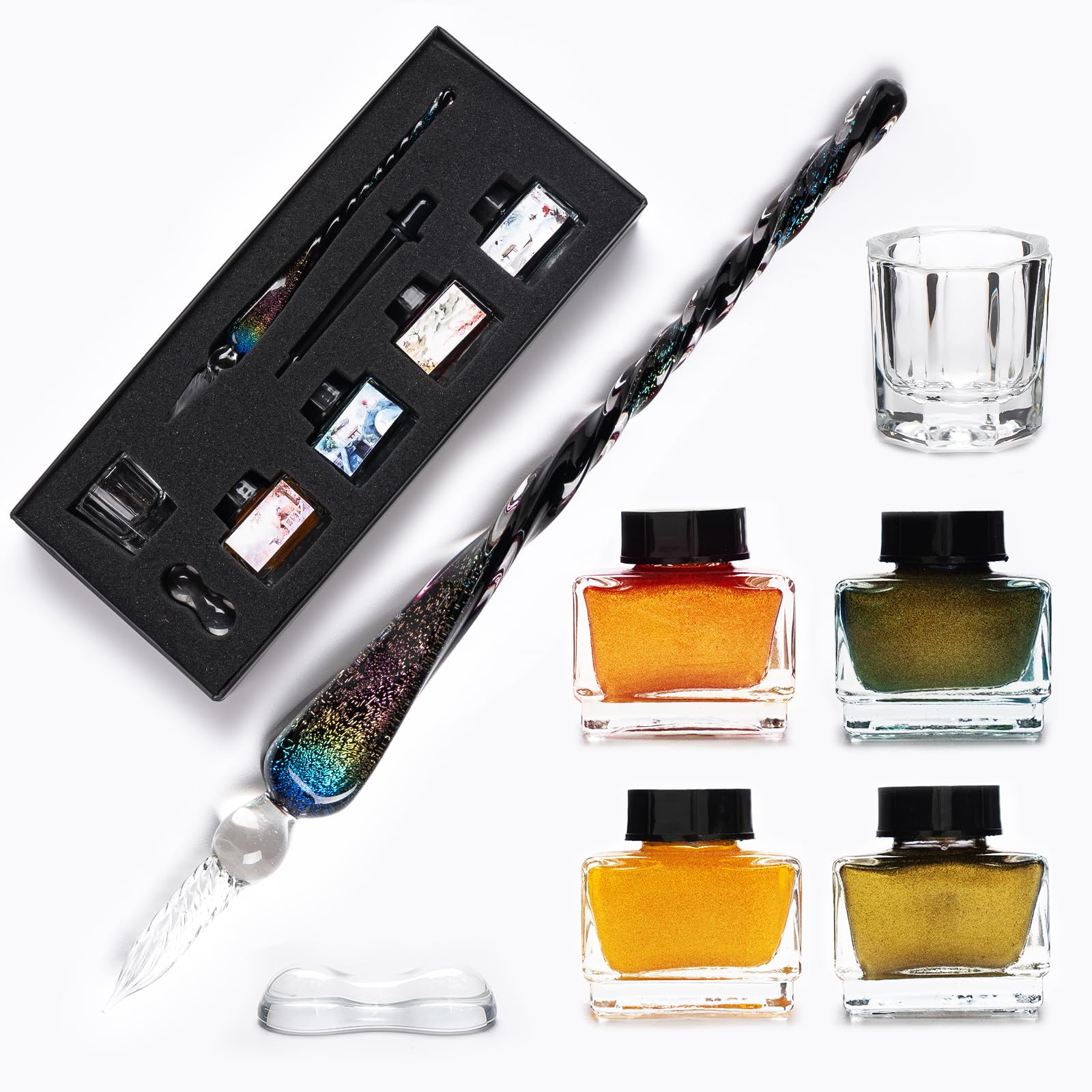 AOKUY Glass Dip Pen and Ink Set - Calligraphy Set With Holder, Cleaning Cup, Drip Tool, Crystal Signature Pen for Art, Writing, Signatures