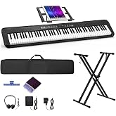88 Key Piano Keyboard, Electric Digital Piano with Semi Weighted Keys, Keyboard Piano with Sustain Pedal, Power Supply, Stand, Carrying Case, Headphones, USB-MIDI Compatibility, for Beginner Adults