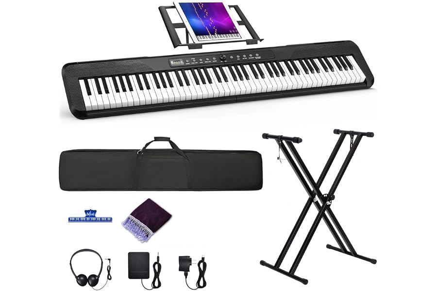 88 Key Digital Piano, Semi Weighted Electronic Keyboard Piano with Music Stand, Power Supply, Sustain Pedal, Bluetooth, Carrying Case, Headphones, USB-MIDI Compatibility, for Beginner Professional