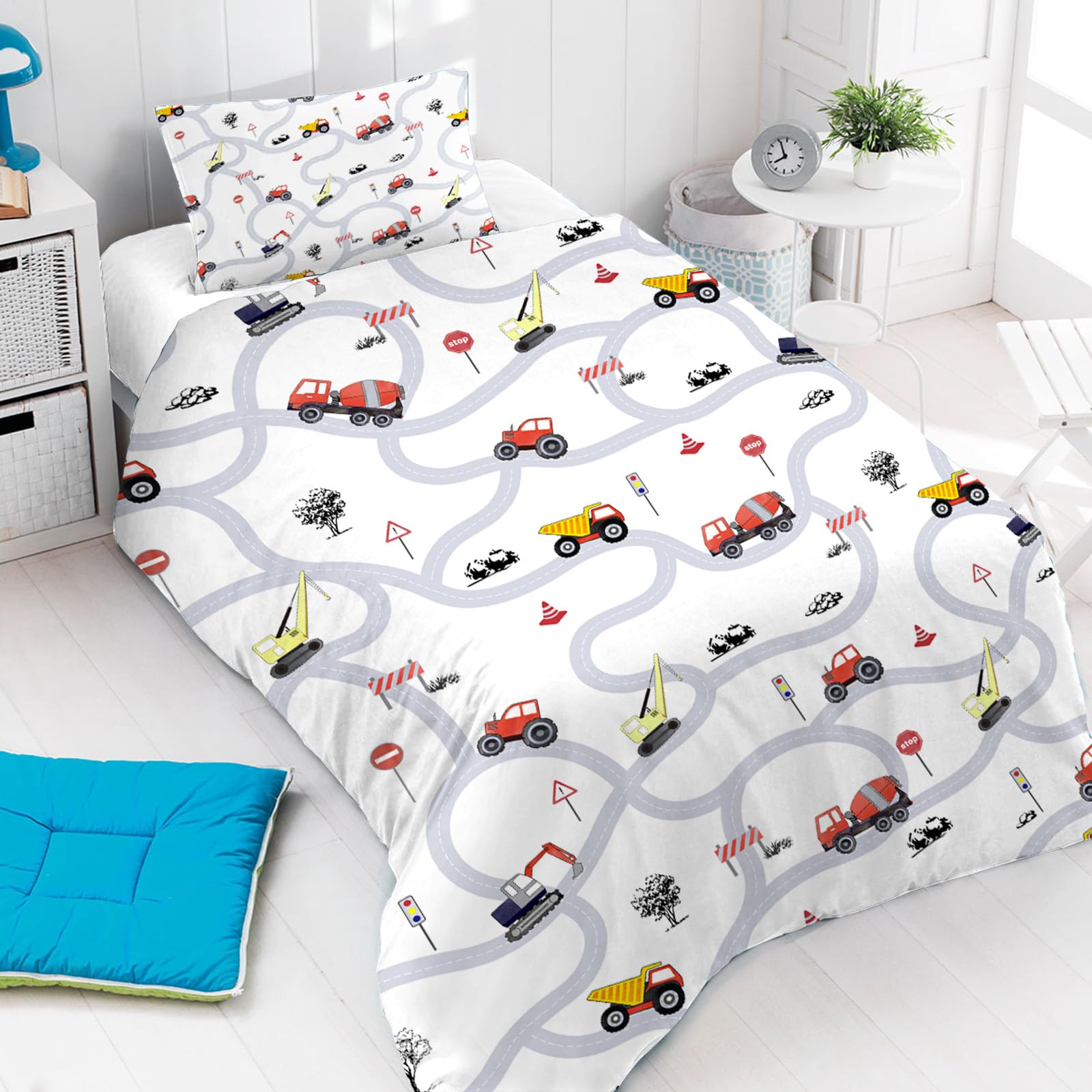 Yasida Kids Tractor Bedding Single Digger Duvet Cover Set With Traffic Signs And Roads For Teenage Boys Single Microfibre Duvet Cover 135x200 & 1 Pillowcase 50x75 Car Bedding White & Grey