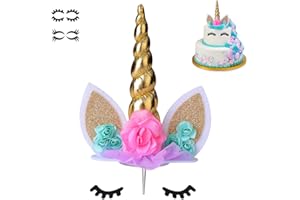 COONOE Unicorn Cake Topper,Handmade Party Cake Decoration Supplies with multiple Eyelashes,Reuasble Gold Horn for Birthday Party,Baby Shower&Wedding…