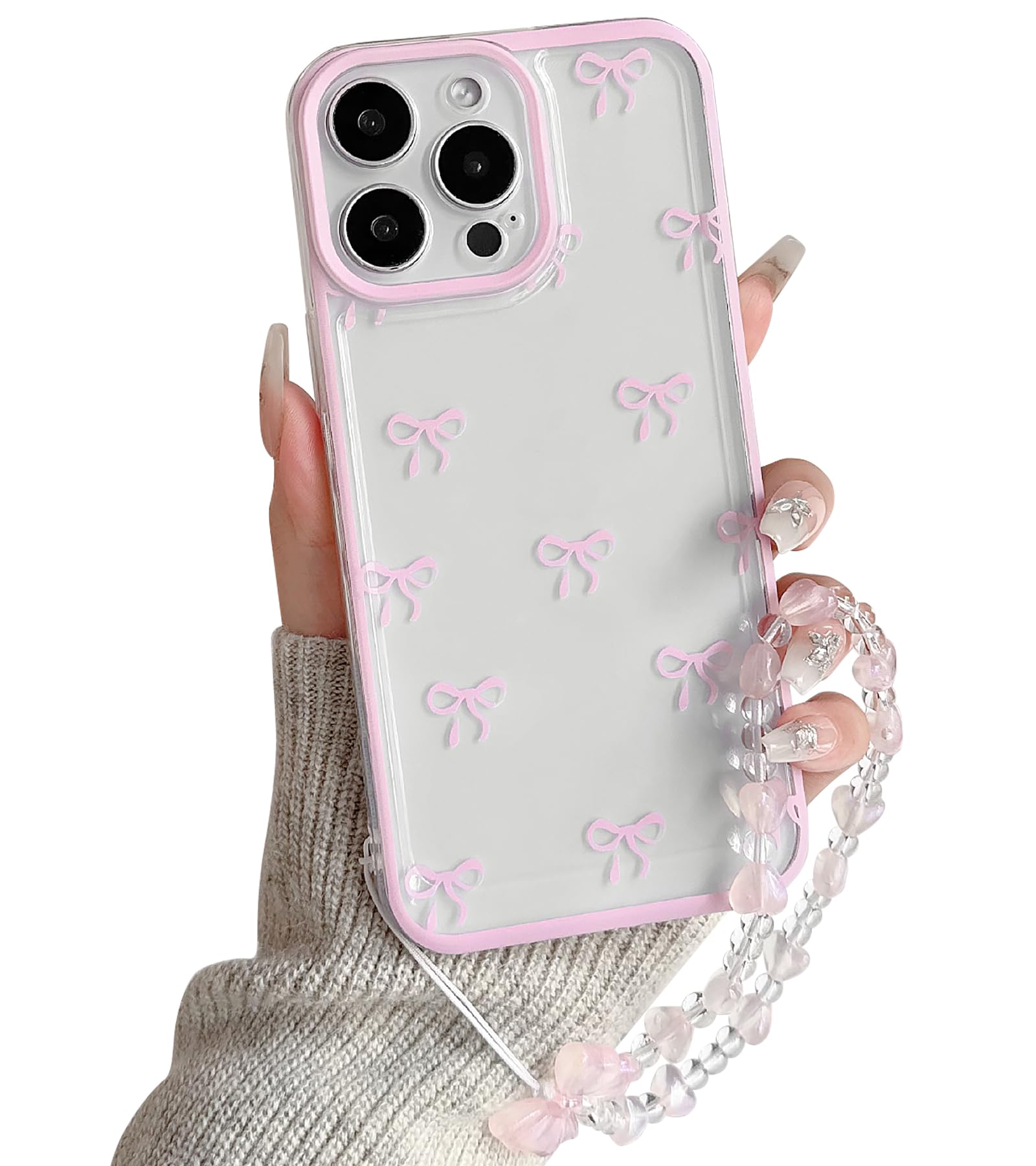NITITOP Compatible with iPhone 12 Pro Case Cute Clear Durable Ribbon Bow Knot Pattern for Girls Women Bowknot with Chain Wrist Strap Soft TPU Transparent Shockproof Protective Phone Cover - Pink