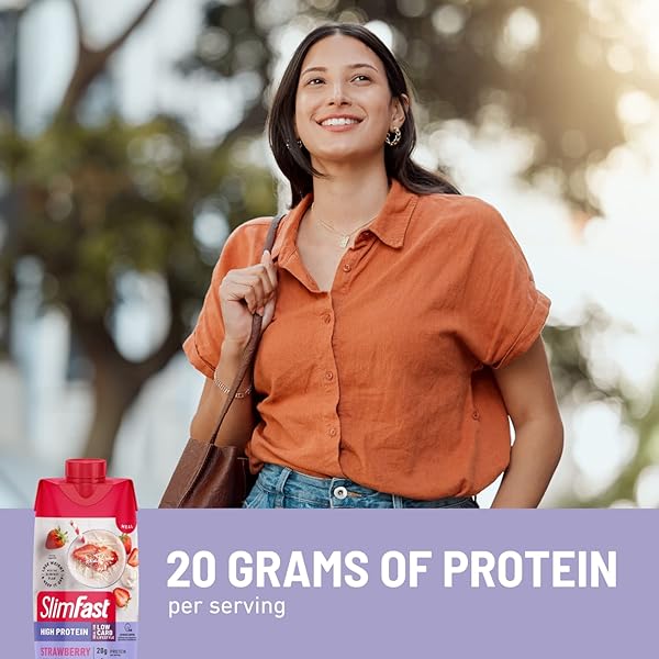 SLIMFAST PROTEIN SHAKE, STRAWBERRY- 20G PROTEIN, MEAL REPLACEMENT SHAKE READY TO DRINK, HIGH PROTEIN WITH LOW CARB AND LOW SUGAR, 24 VITAMINS AND MINERALS, 12 COUNT (PACK OF 1) (PACKAGING MAY VARY)