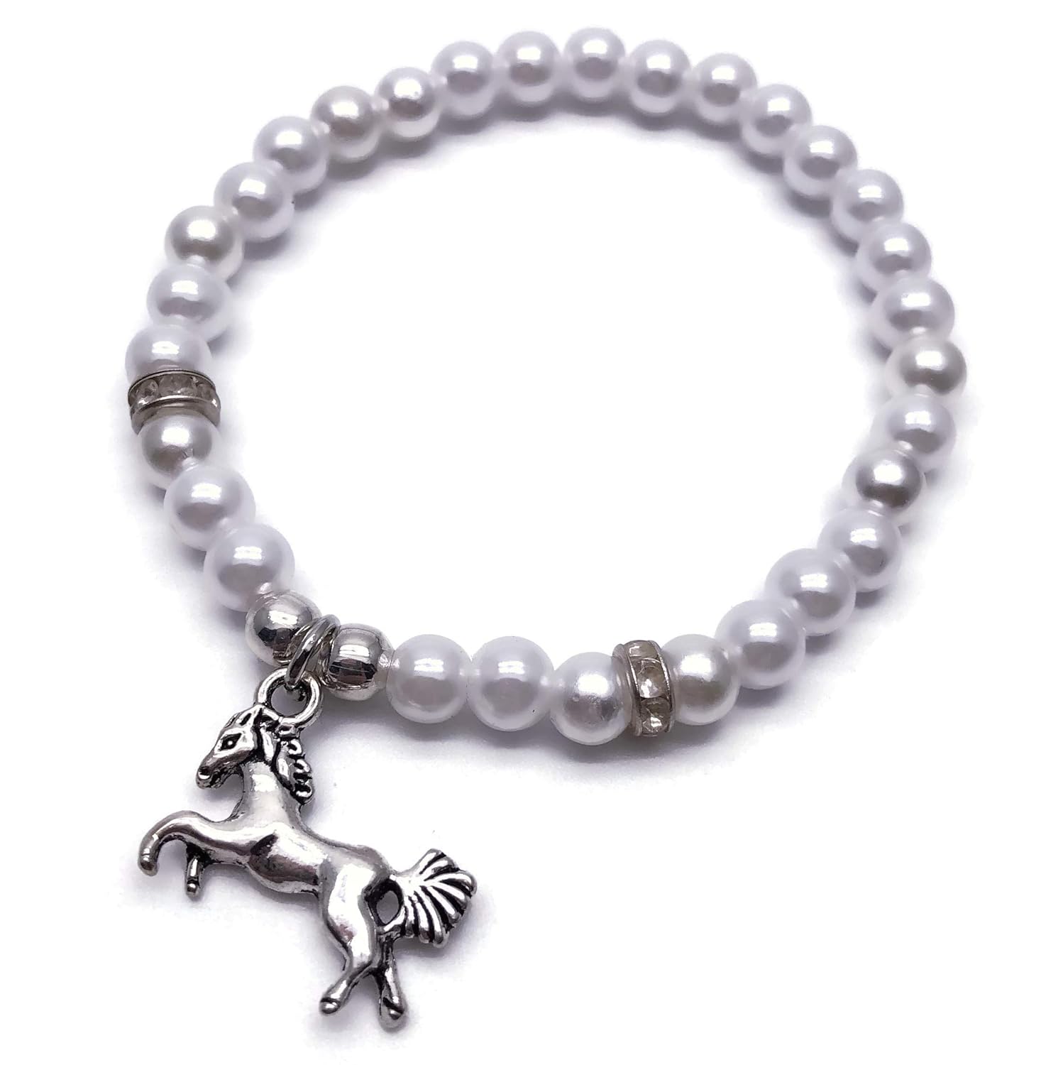 Horse Charm Bracelet Elastic with 6mm Pearly White Beads Size XS 6.