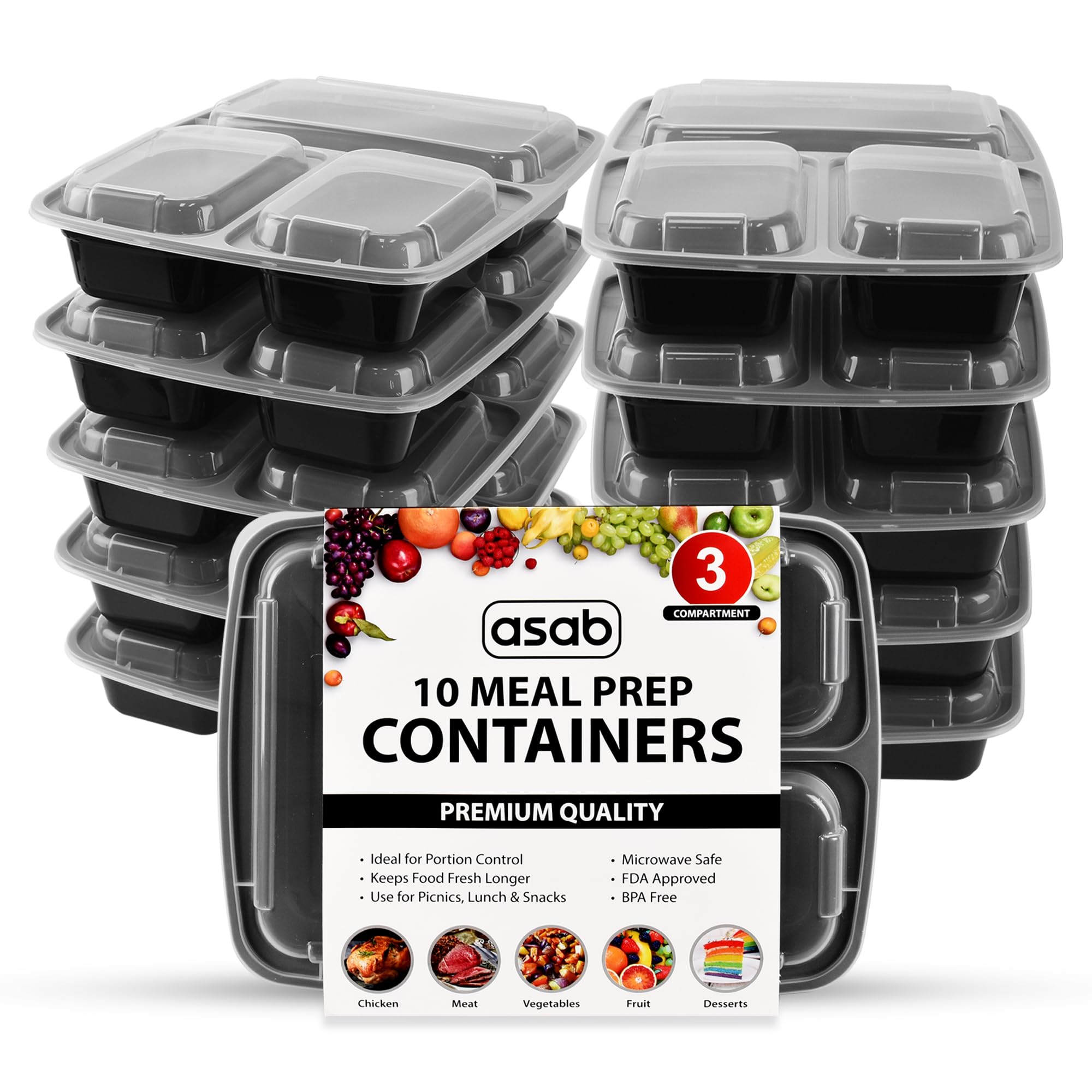 10 Meal Prep Containers - BPA Free Plastic - Microwave, Freezer and Dishwasher Safe - Reusable Takeaway Food Storage Boxes with Lids - 3 Compartments