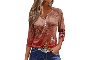 COTECRAM Tops for Women 2024 Summer Casual 3/4 Length Sleeve Button V Neck T Shirts Boho Floral Graphic Tees Loose Tunics