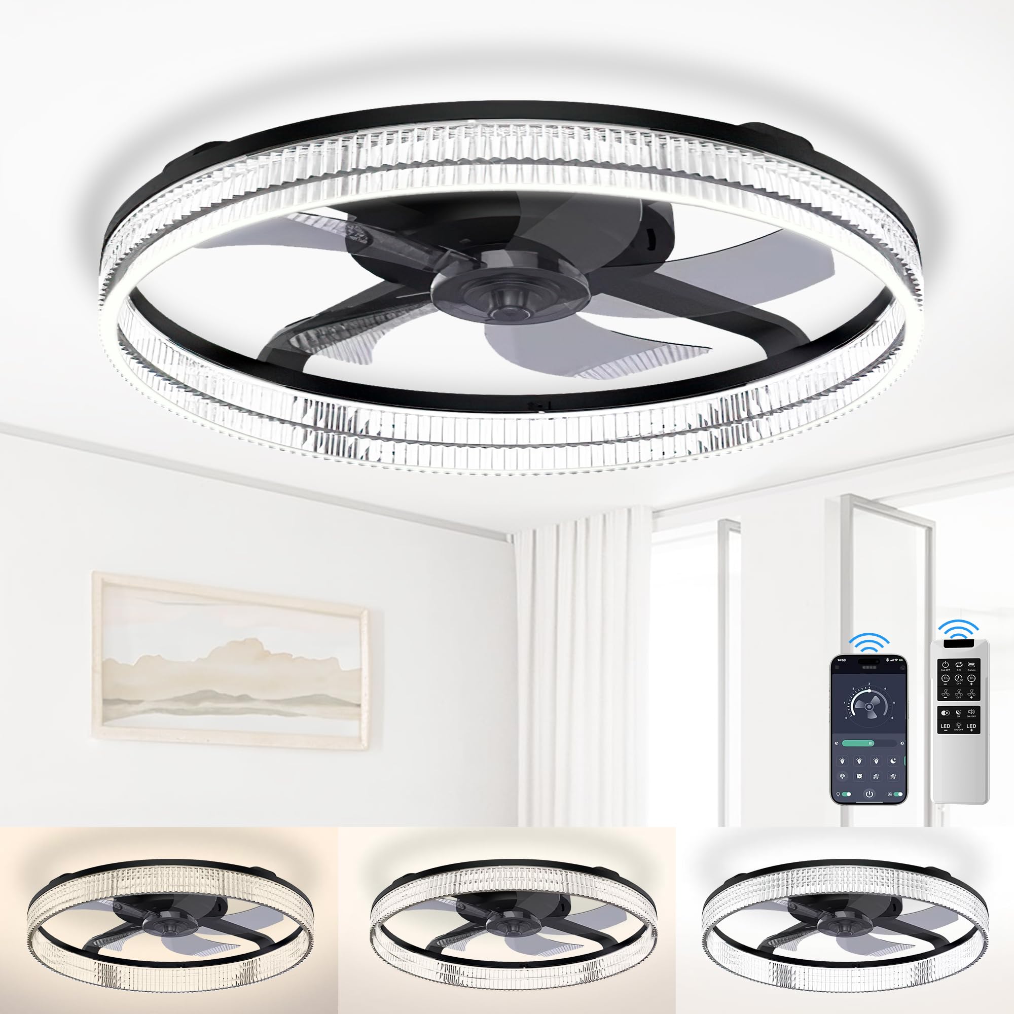 Photo 1 of **MISSING CEILING ATTACHEMENT BRACKET*** YEUTAUEN Ceiling Fans with Lights and Remote, Stepless Color Temperature Change and 6 Speeds, Flush Mount LED Ceiling Fan for Bedroom, Kids Room, Living Room - 20" Modern Ceiling Fans (Black)