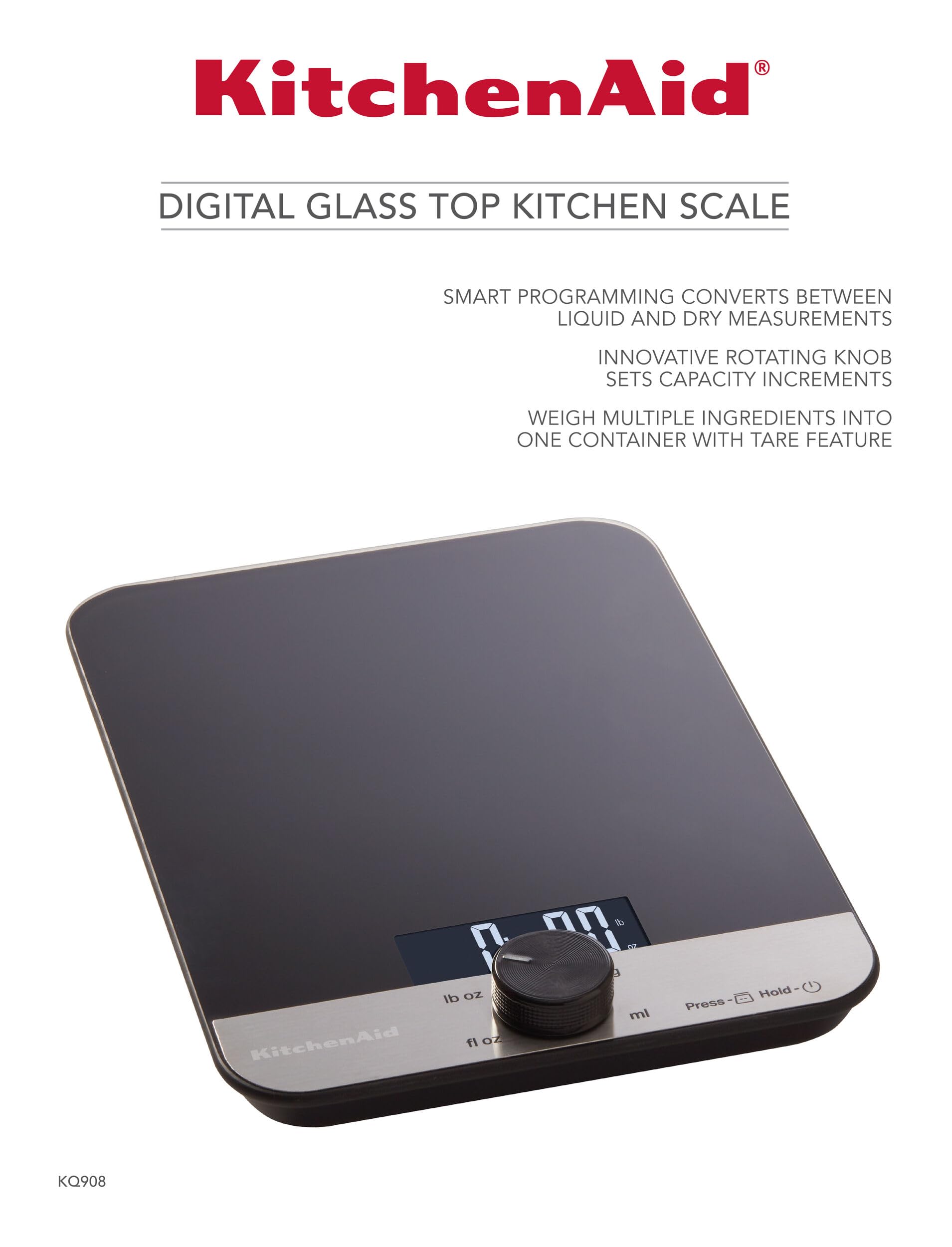 KitchenAid KQ908 Glass Surface 11 Pound Capacity Digital Kitchen and Food Scale, Black