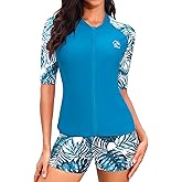 Holipick Women 2 Piece Rash Guard Swimsuit-Short Sleeve Swim Shirt with Shorts Full Zipper SPF Modest Swimwear