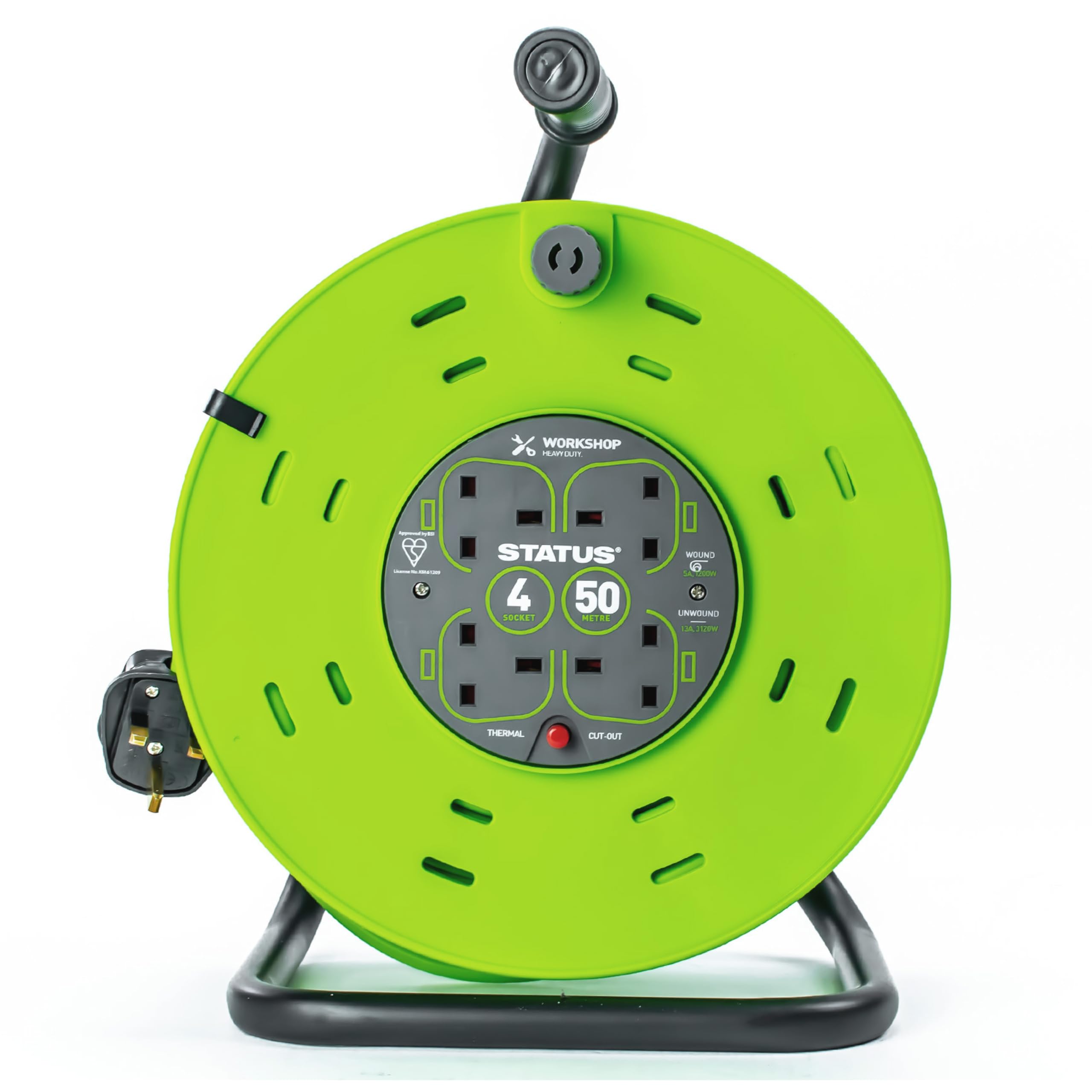 STATUS 4 Socket Cable Reel, 50m, Green, 13 Amp, Thermal Cut Out, Heavy Duty, Outdoor Extension Lead, Ideal for Garden, Workshop, DIY, Power Tools (S50M13ACRX1) — image 1
