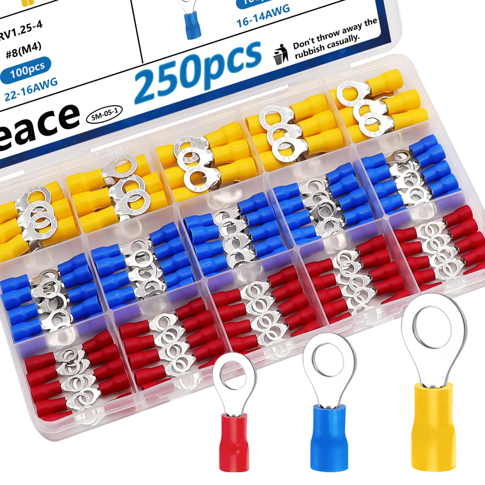 Photo 1 of smseace 250Pcs #8(M4) 22-16/16-14/12-10AWG Ring terminals Insulated Ring Connects Electrical Wire Crimp Ring Connectors Terminal