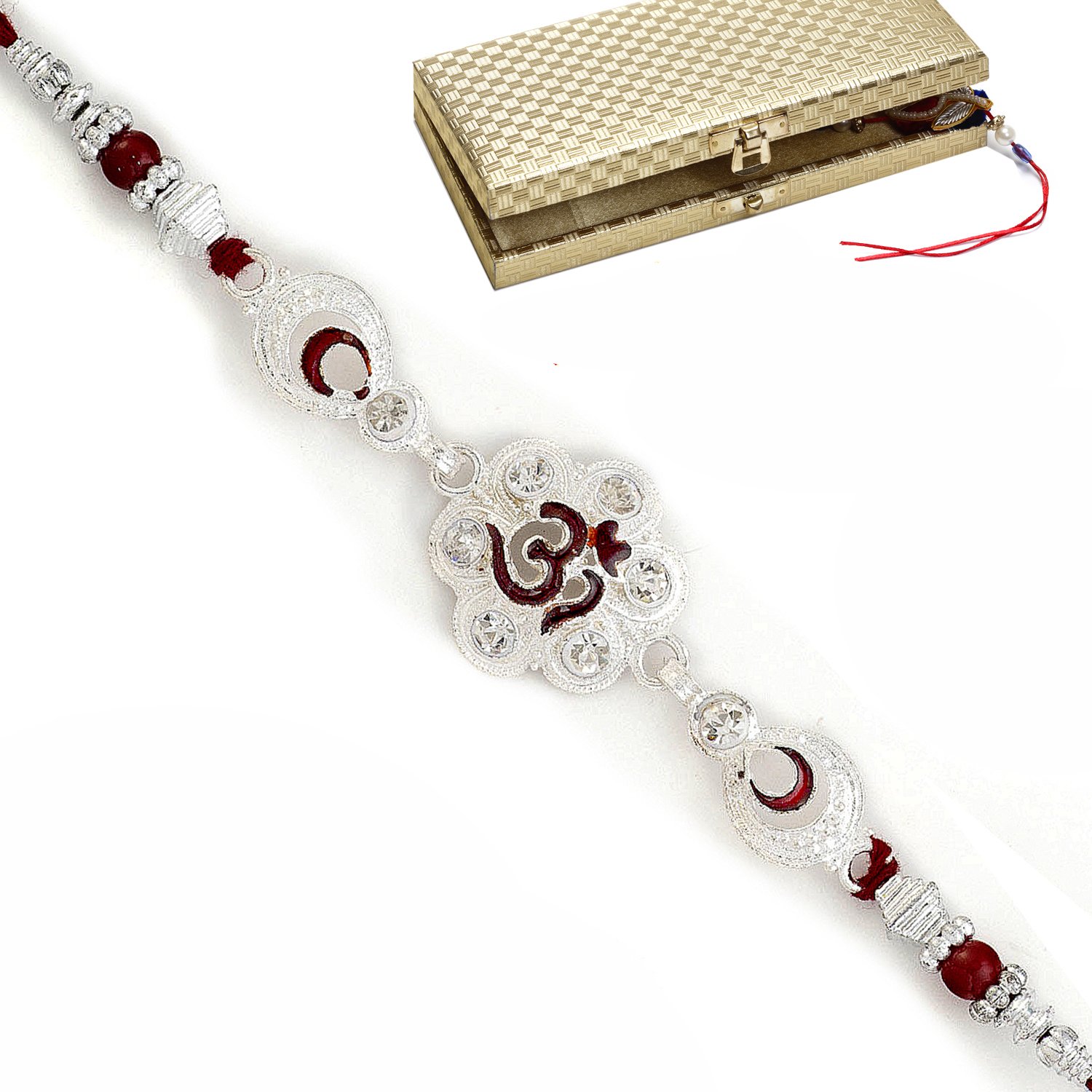 aapno rajasthan brown beads & ad studded silver om motif rakhi