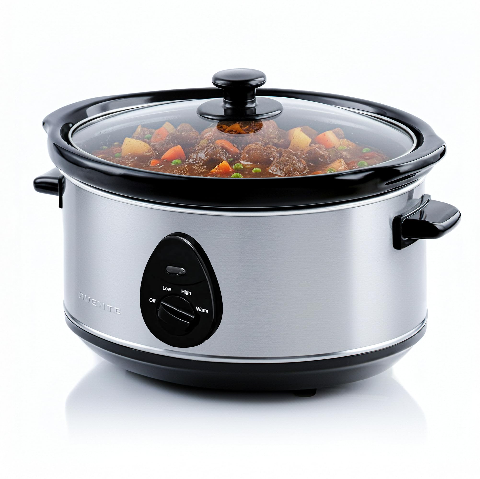 OVENTE Electric Slow Cooker with 3 Cooking Settings, Non-Stick and Dishwasher Safe Stoneware, Stainless Steel Body, Glass Lid, 3.7 Qt Oval Pot for Entrees, Soups, Sauces, Stews & Dips, Silver SLO35ABR Image