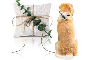 Yunlly 5'' x 5'' Dog Ring Bearer Wedding Pillows with Ring Clasp Off for Dog Collar White Burlap Holder with Greenery for Engagement Wedding Pet Accessory for Small Medium Large Pets