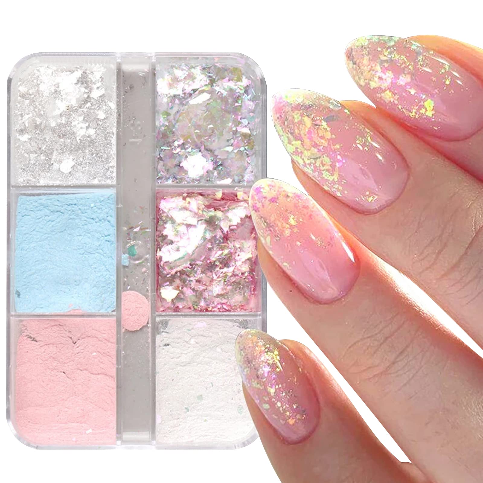 OTKARXUS Nail Art Glitter Sequins,1Box 6Grids Holographic Iridescent Glitter Flakes Nail Art, Magic Mirror Effect Mermaid Nail Art Pigment Powder Chrome Nail Powder for Nail Art Design Decoration