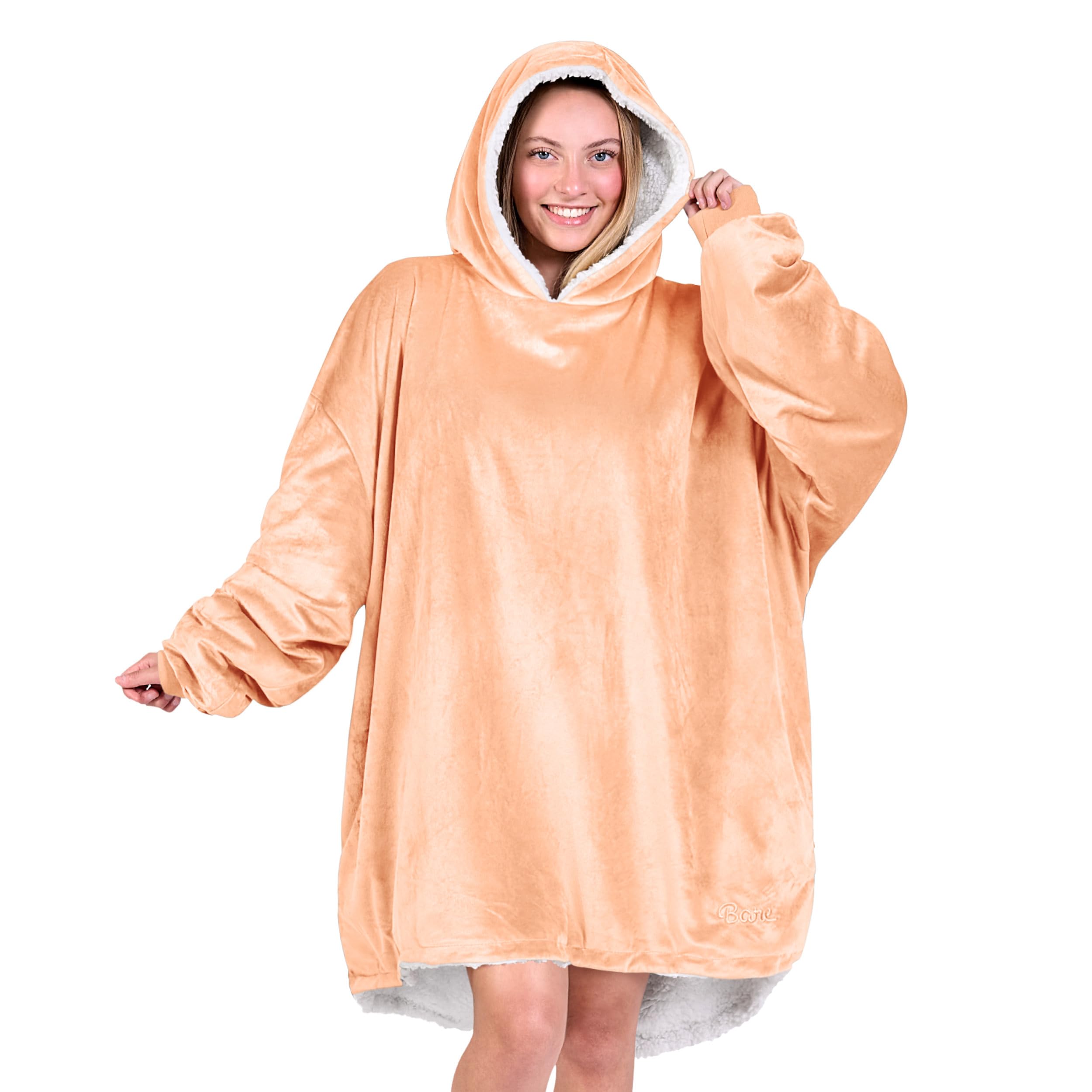 Bare Home Sherpa Fleece Wearable Blanket - Oversized Wearable Blanket Hoodie - Adult Size - Warm & Cozy - Comfortable Blanket Sweatshirt with Two Zipper Pockets (Adult, Peach) Image