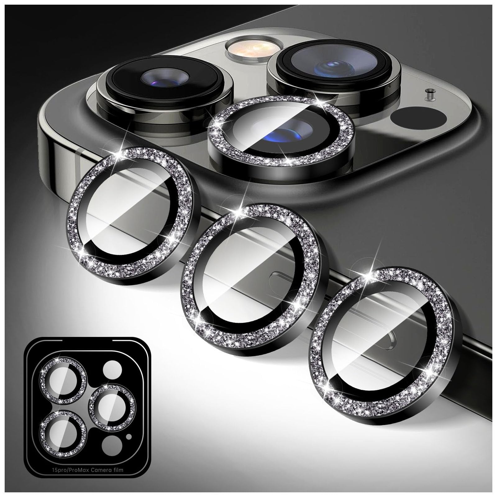 Photo 1 of Kucheed Bling Camera Lens Protector Compatible for iPhone 11 Pro/iPhone 11 Pro Max, Glitter Tempered Glass Camera Cover Film Stickers, Sparkling Automatic Alignment Individual Metal Rings