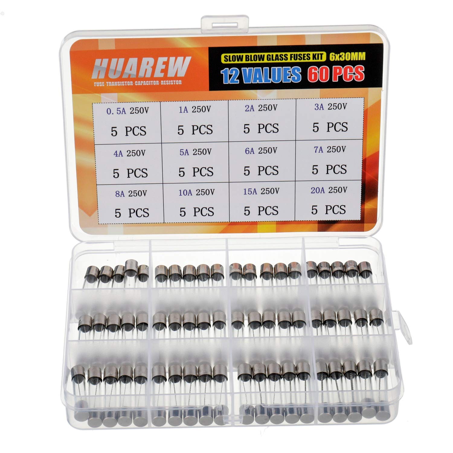 HUAREW 12 Values 60 Pcs 6x30 mm Slow Blow Glass Fuse 0.24x1.18 Inch 250 V Volt T 0.5 1 2 3 4 5 6 7 8 10 15 20 A amp Assortment Kit