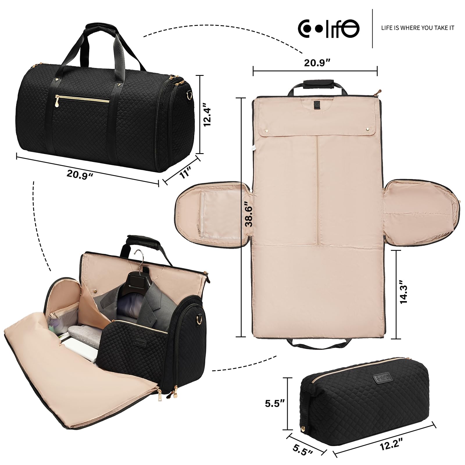 Coolife Garment Bag Carry On Convertible Travel Duffel Bag with Shoe Pouch Weekender Bag for Women Men 2 in 1 Hanging Suit Bag with Shoulder Strap Business Travel Bag (Black, Standard)