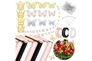 YOULDIANZI Bouquet Wrapping Paper Kits, 60Sheets Waterproof Flower Wrapping Paper, Floral Wrapping Paper Bouquet in Black Pink Beige With Ribbons, Flower Pins, 3D Butterflies & Crowns for Florist Wrap (HUA-H1)
