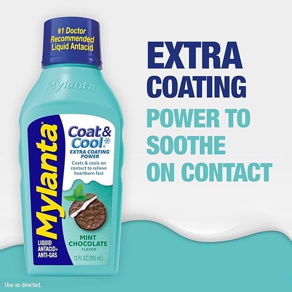 MYLANTA HEARTBURN AND GAS RELIEF, LIQUID ANTACID, COAT & COOL FORMULA, MINT CHOCOLATE FLAVOR, 12 FL OZ