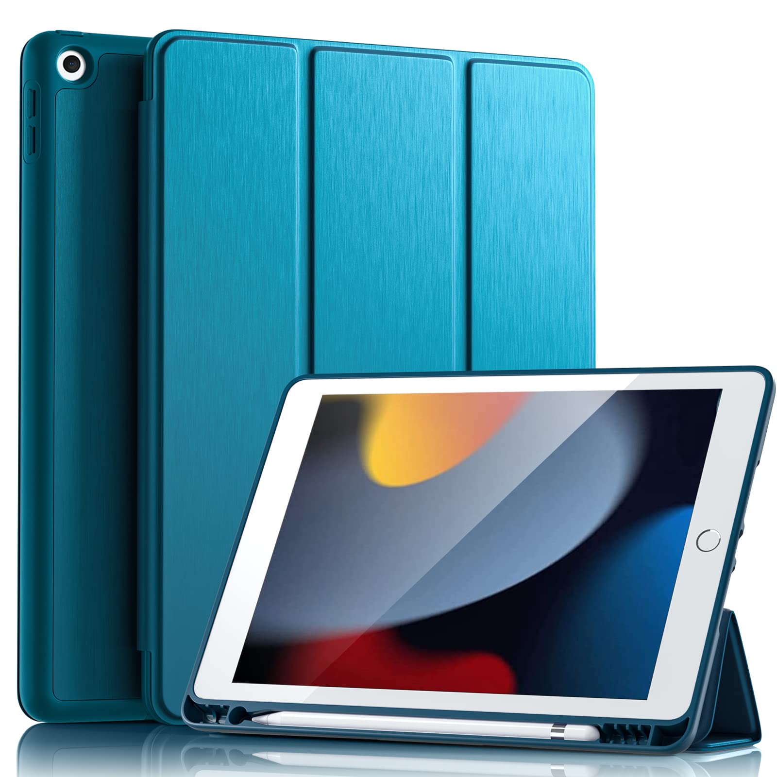 Vobafe Case for iPad 9th 8th 7th Generation 10.2 Inch Case (2021/2020/2019 Model, iPad 9/8/7), Flexible TPU Back Cover, with Pencil Holder, Auto Wake/Sleep, Peacock Blue
