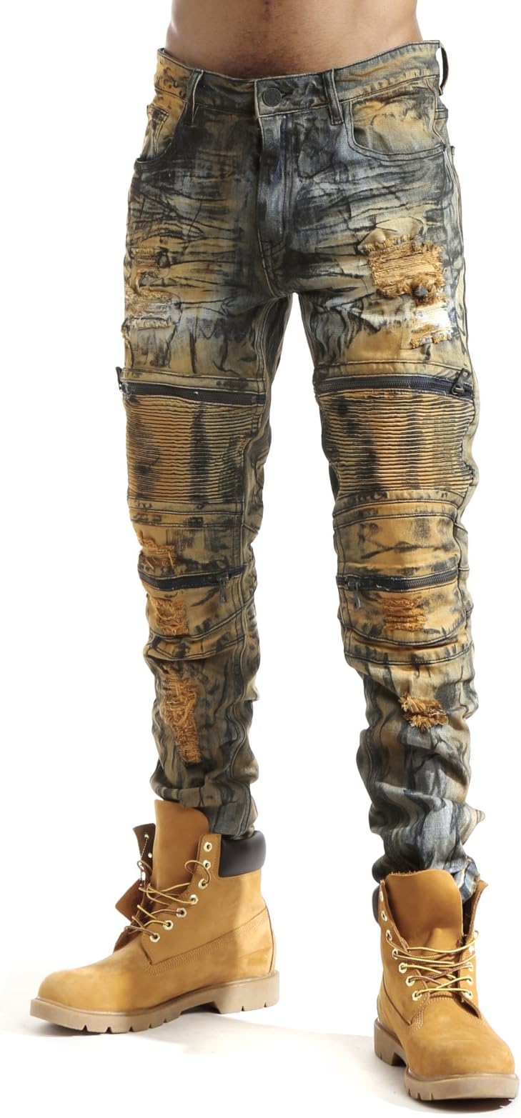 Smoke Rise Men's Premium Wash Rip & Repair Moto Biker Denim Jean