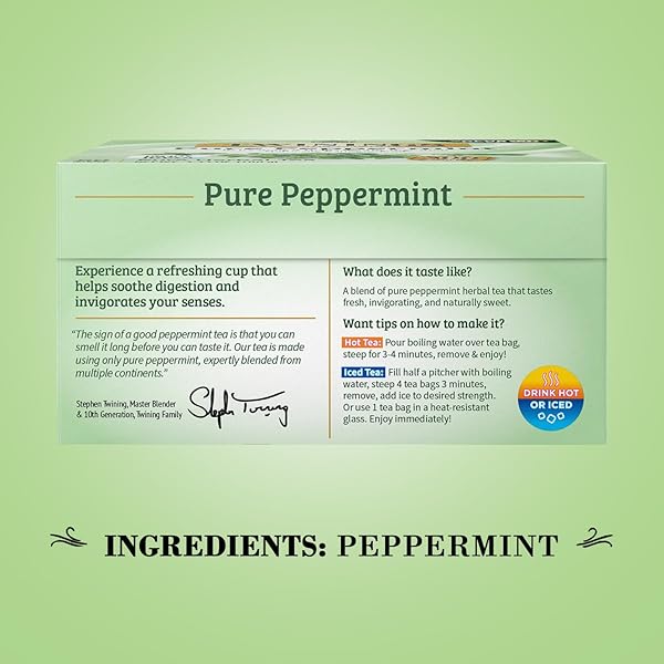 TWININGS PURE PEPPERMINT TEA – NATURALLY CAFFEINE FREE, REFRESHING MINT HERBAL TEA BAGS INDIVIDUALLY WRAPPED, 50 COUNT