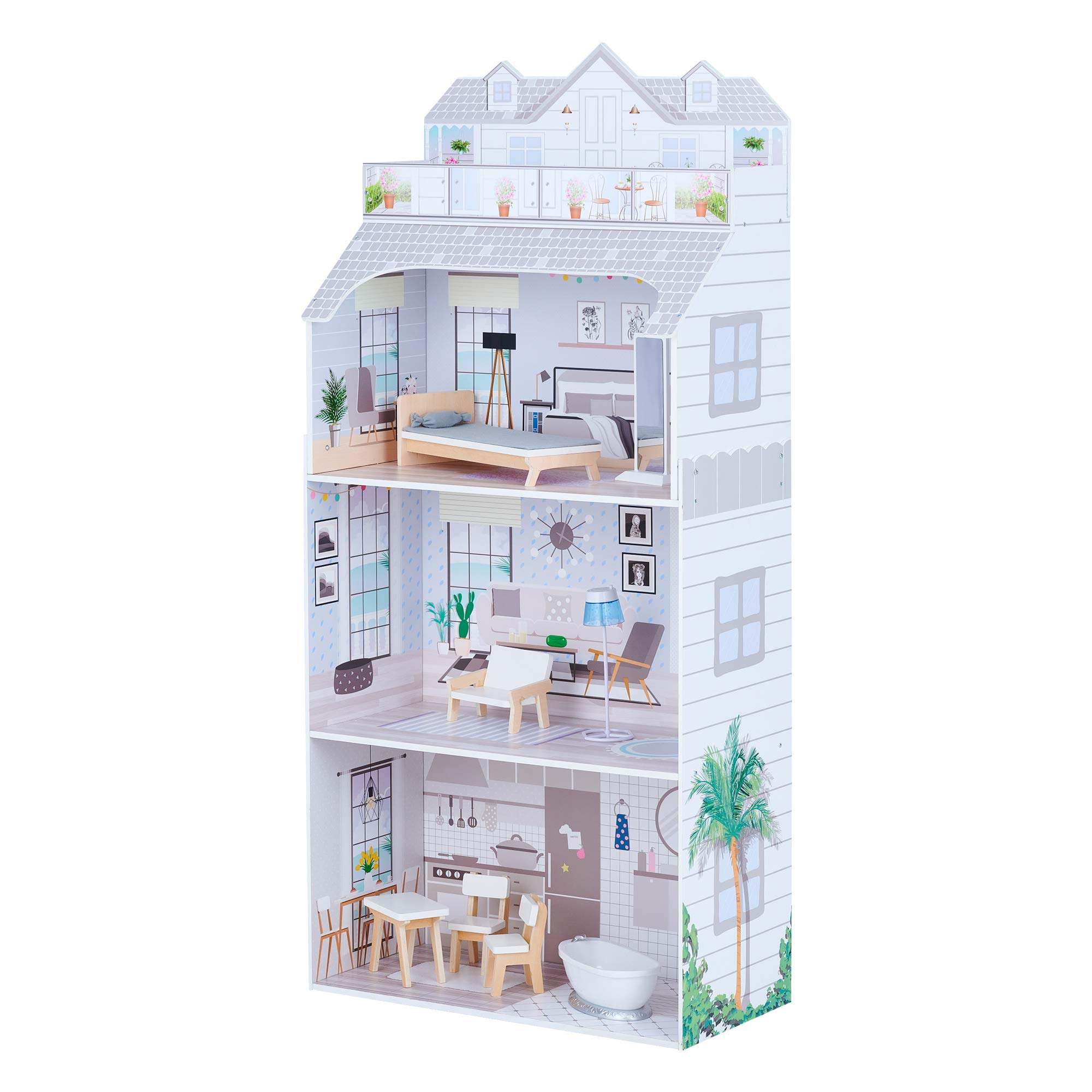 Olivia's Little World Deluxe 3-Story Wooden Doll House and 8-pc. Accessory Set for 12" Dolls, Grey/White