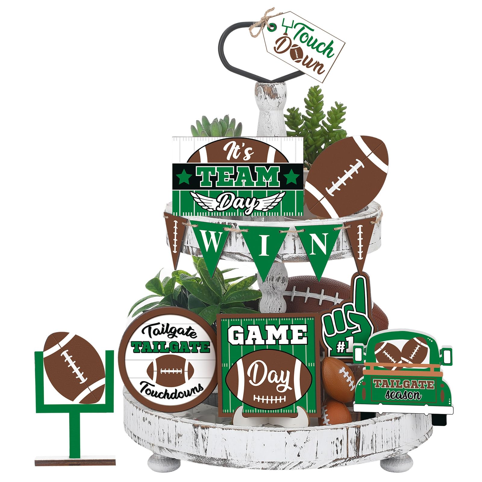 Photo 1 of 13 Pcs Football Tiered Tray Decor Wooden Football Table Centerpieces Decor Rustic Wooden Sport Game Sign for Fans Rugby Theme Party Supplies