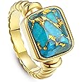 Phyonio Women's 14K Gold Plated Statement Rings Emerald Cut Teal Turquoise/Rose Quartz Crystal/Spiny Oyster Turquoise Signet Ring Stainless Steel Chunky Gold Rings Size 5-10