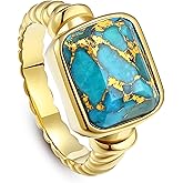 Phyonio Women's 14K Gold Plated Statement Rings Emerald Cut Teal Turquoise/Rose Quartz Crystal/Spiny Oyster Turquoise Signet Ring Stainless Steel Chunky Gold Rings Size 5-10