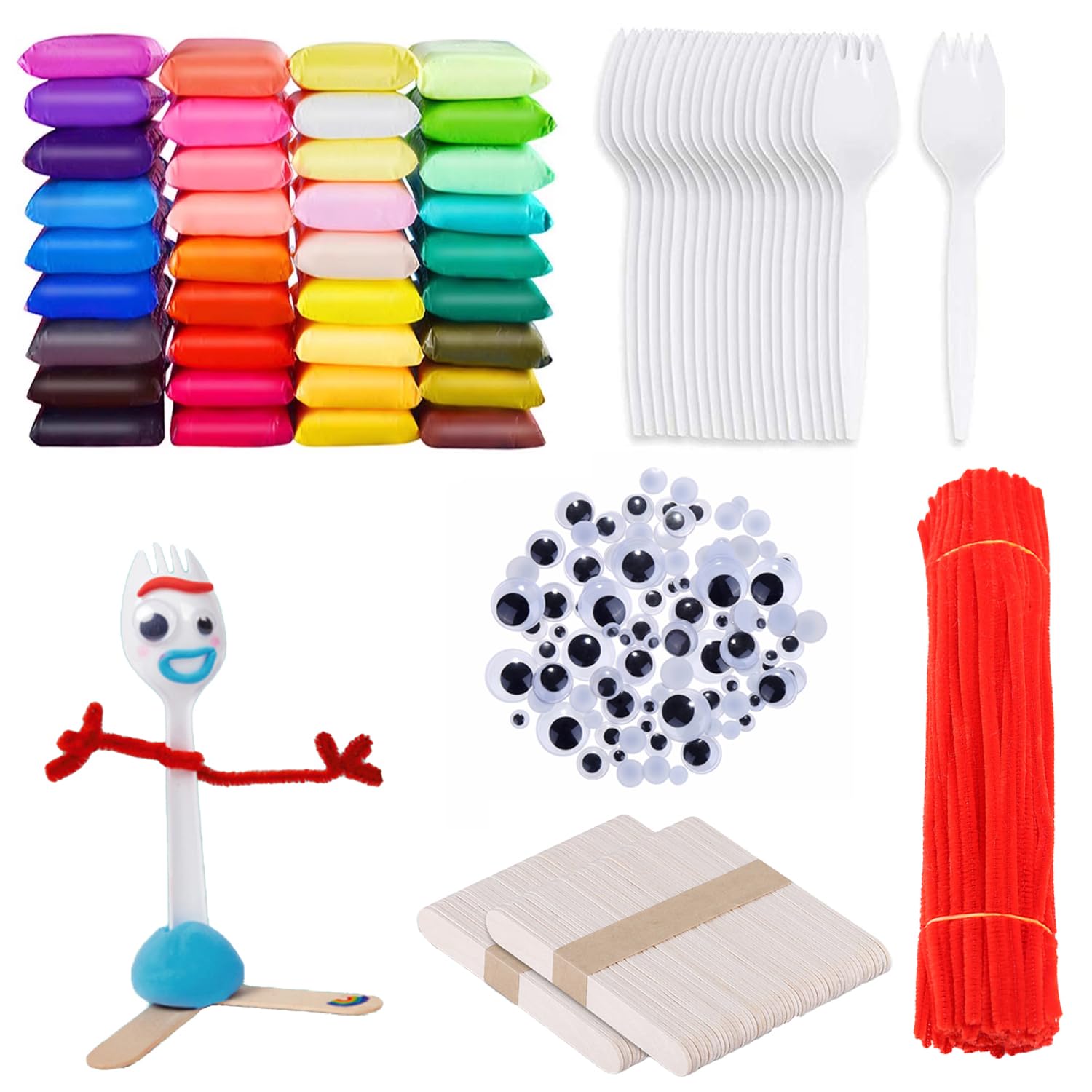 Photo 1 of 100 Set Fork Creativity Set, Air Dry Clay Plastic Sporks Red Pipe Cleaners Clever Eyes Popsicle Stick,Make Your own Forky