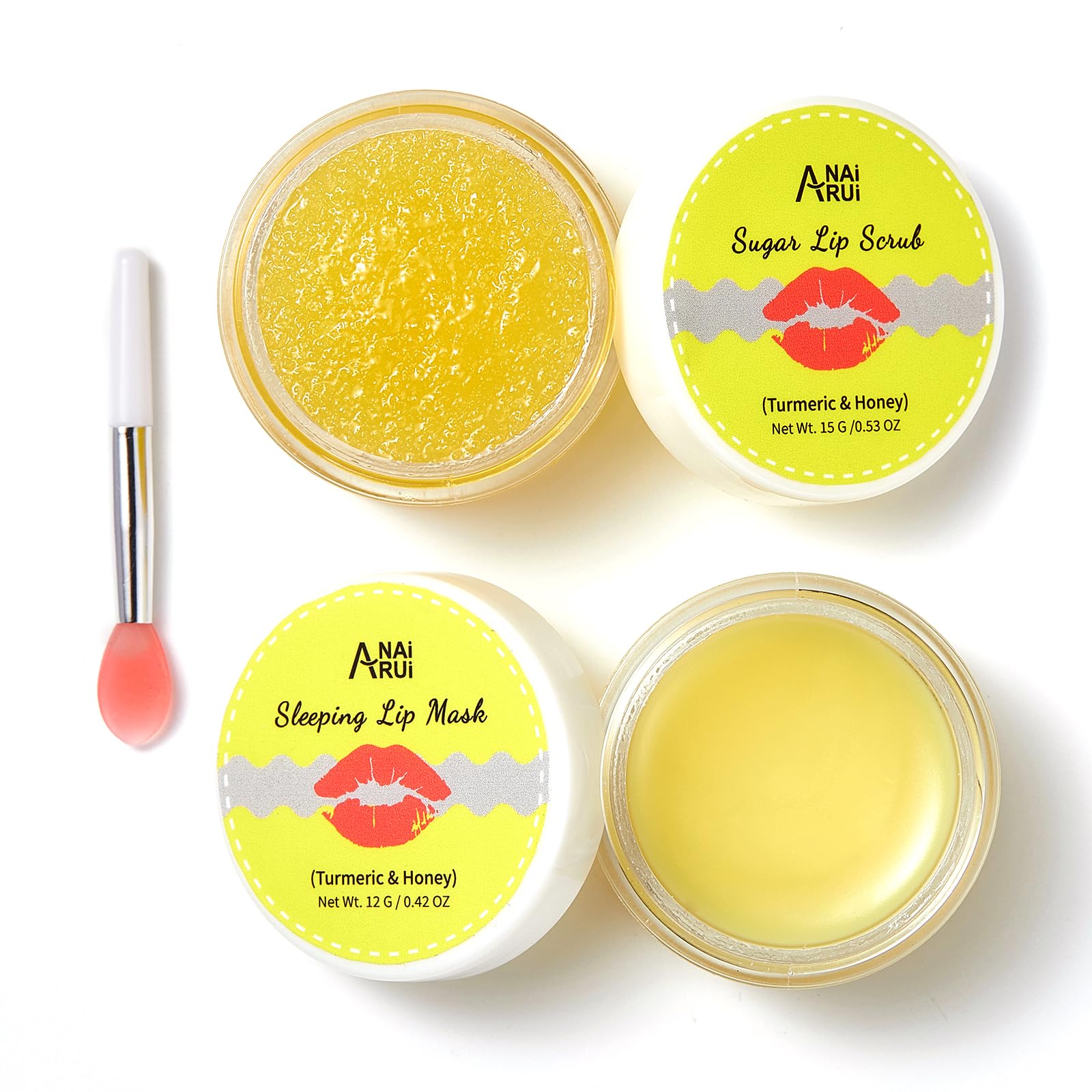 ANAiRUi Lip Care Kit - Turmeric + Honey Lip Sugar Scrub & Balm Mask Set - Lips Sleeping Mask & Exfoliator Scrub - Overnight Skin Treatment - Scrub & Moisturizer for Dry Chapped Peel Lips
