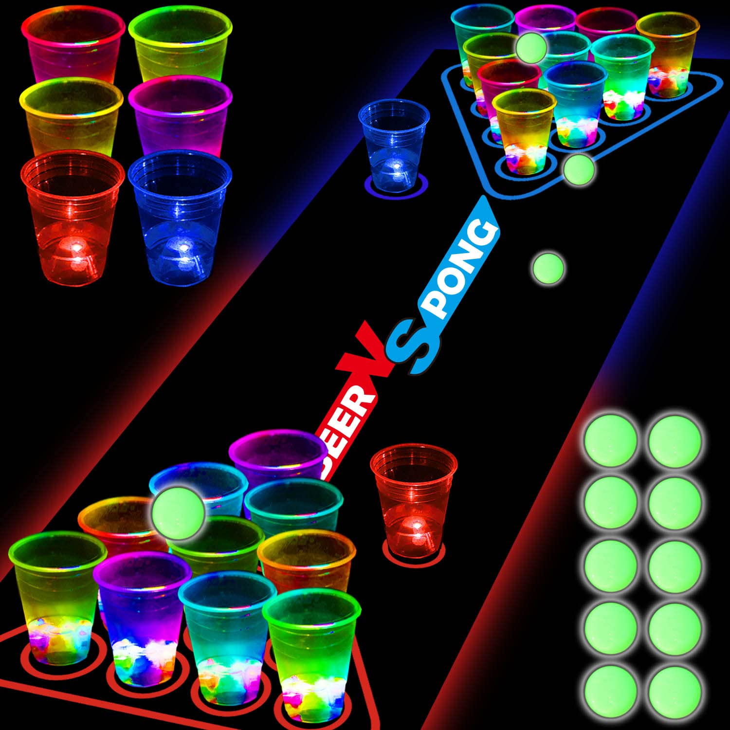Photo 1 of noveltymeme 45 PCS Glow in the Dark Beer Pong Table Mat, Drinking Game Pong Game with Party Cups, Glow Pongs for Indoor Outdoor Party Game Party Supplies Decoration Flashing&Red&Blue