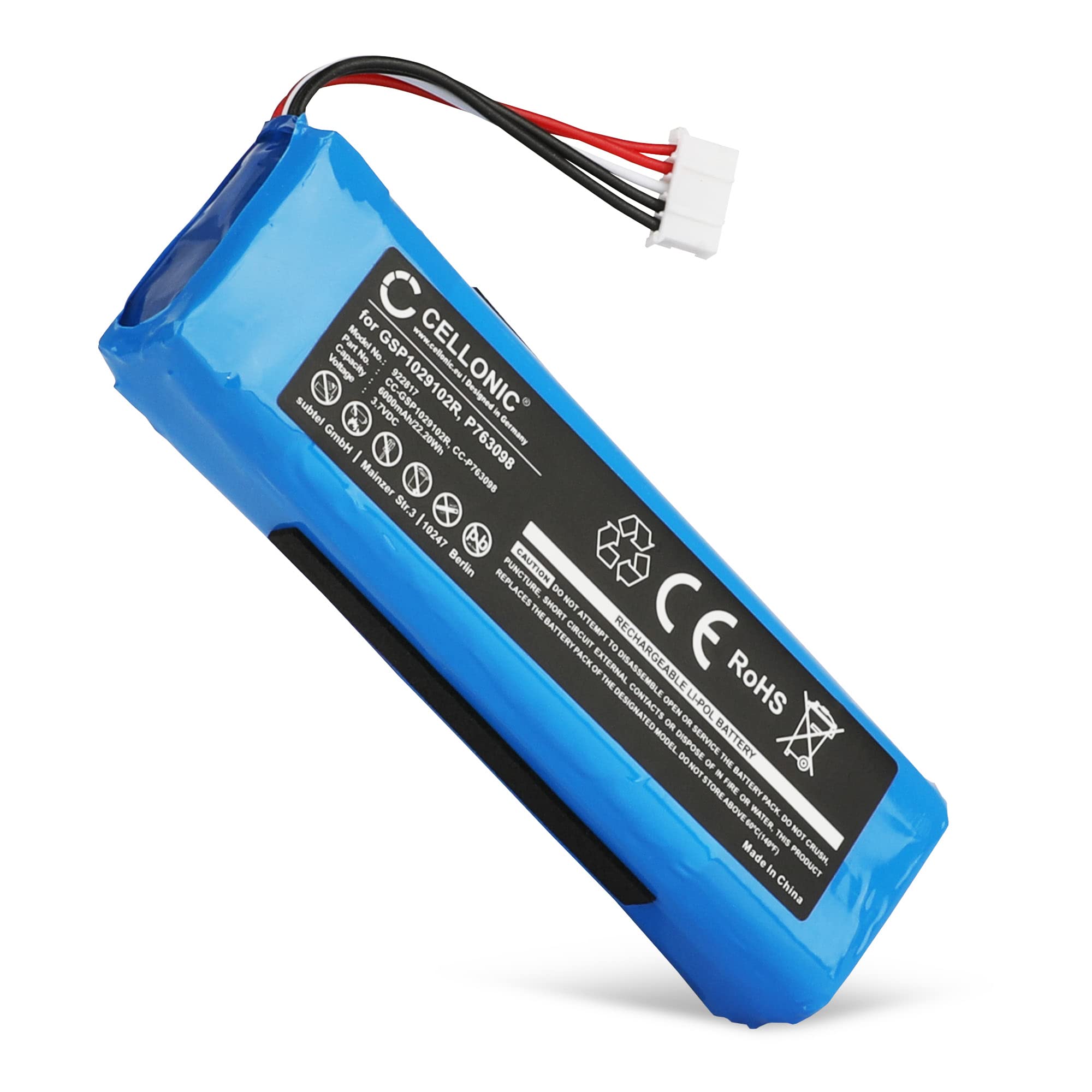 CELLONIC 1x Battery for Speaker Compatible with JBL Charge 2, Charge 2 Plus, Charge 3 (2015), GSP1029102 - (6000mAh, 3.7V)