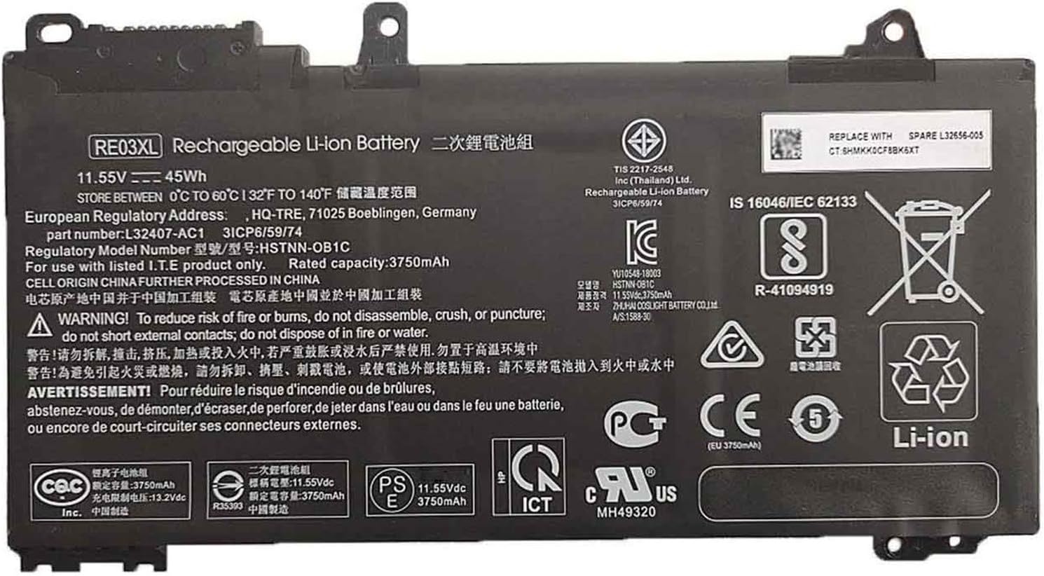 RE03XL L32656-002 HSTNN-OB1C HSTNN-UB7R HSTNN-DB9A L32407-AC1 L32407-2B1 L32407-541 L32656-005 Laptop Battery Replacement for HP ProBook 430 440 445 450 455R G6 430 440 445 450 G7 Serie(11.55V 45Wh)