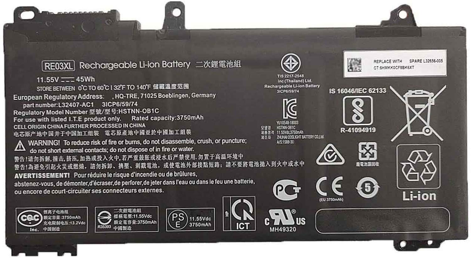 RE03XL L32656-002 HSTNN-OB1C HSTNN-UB7R HSTNN-DB9A L32407-AC1 L32407-2B1 L32407-541 L32656-005 Laptop Battery Replacement for HP ProBook 430 440 445 450 455R G6 430 440 445 450 G7 Serie(11.55V 45Wh)