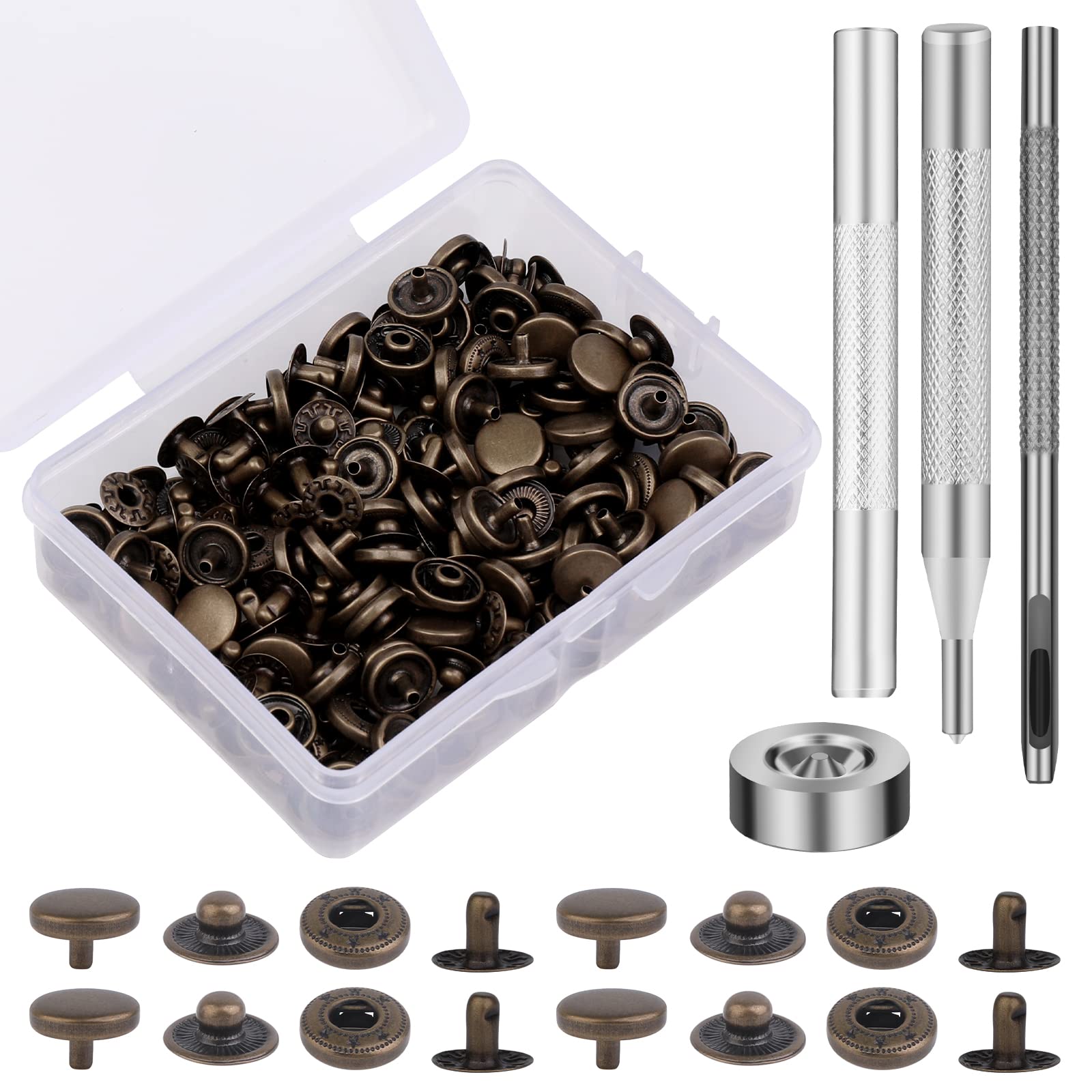SUVSOON 50 Set Leather Snaps Fasteners Kit, 10mm Metal Snap Button Kit with 4 Pcs Snap Installation Tools, Leather Rivets Snaps for Sewing Clothing Bag Jeans DIY Crafting