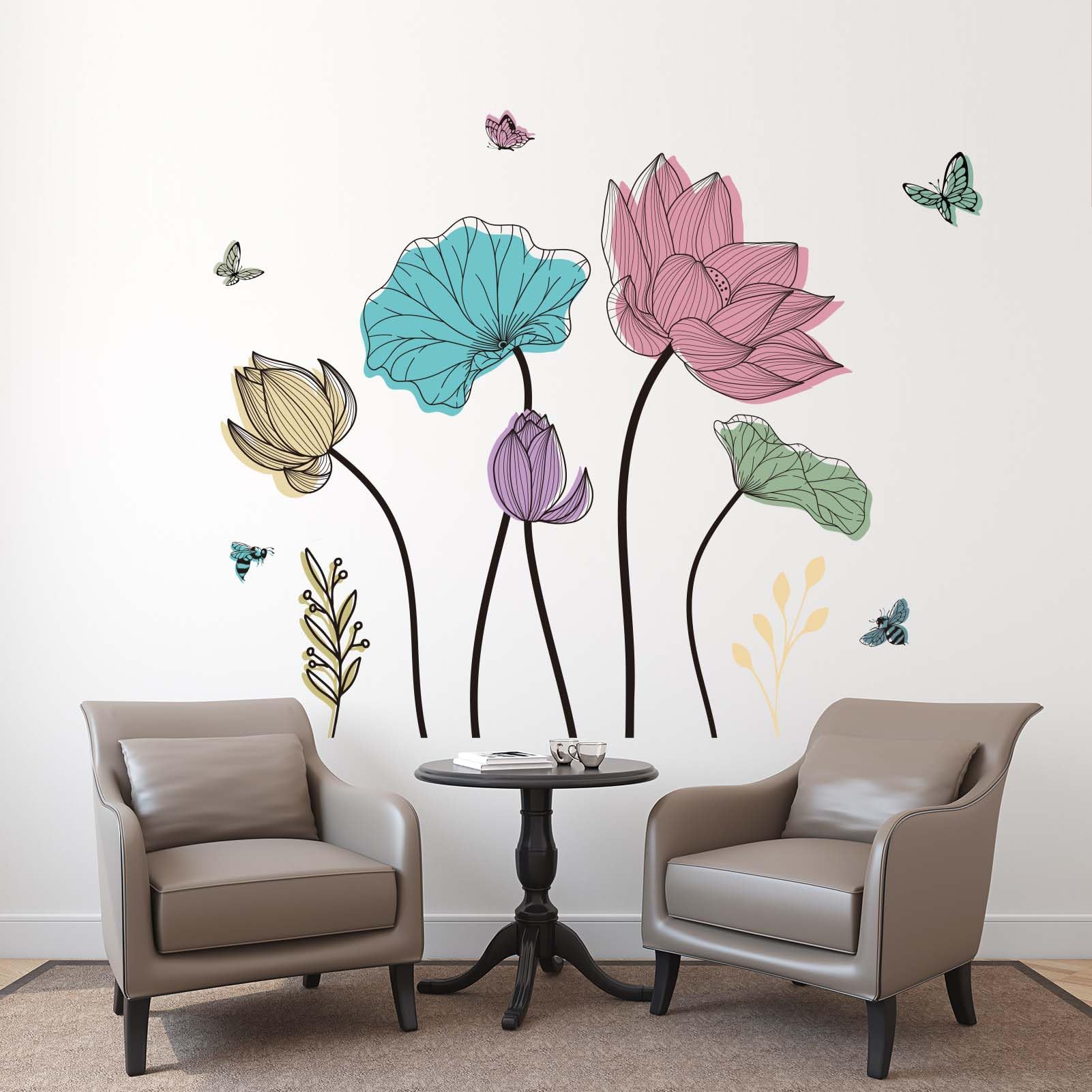 Amimagen Watercolor Flower Wall Stickers - Wildflower Floral Butterflies Wall Decals - Living Room Bedroom TV Sofa Background Family Wall Decor