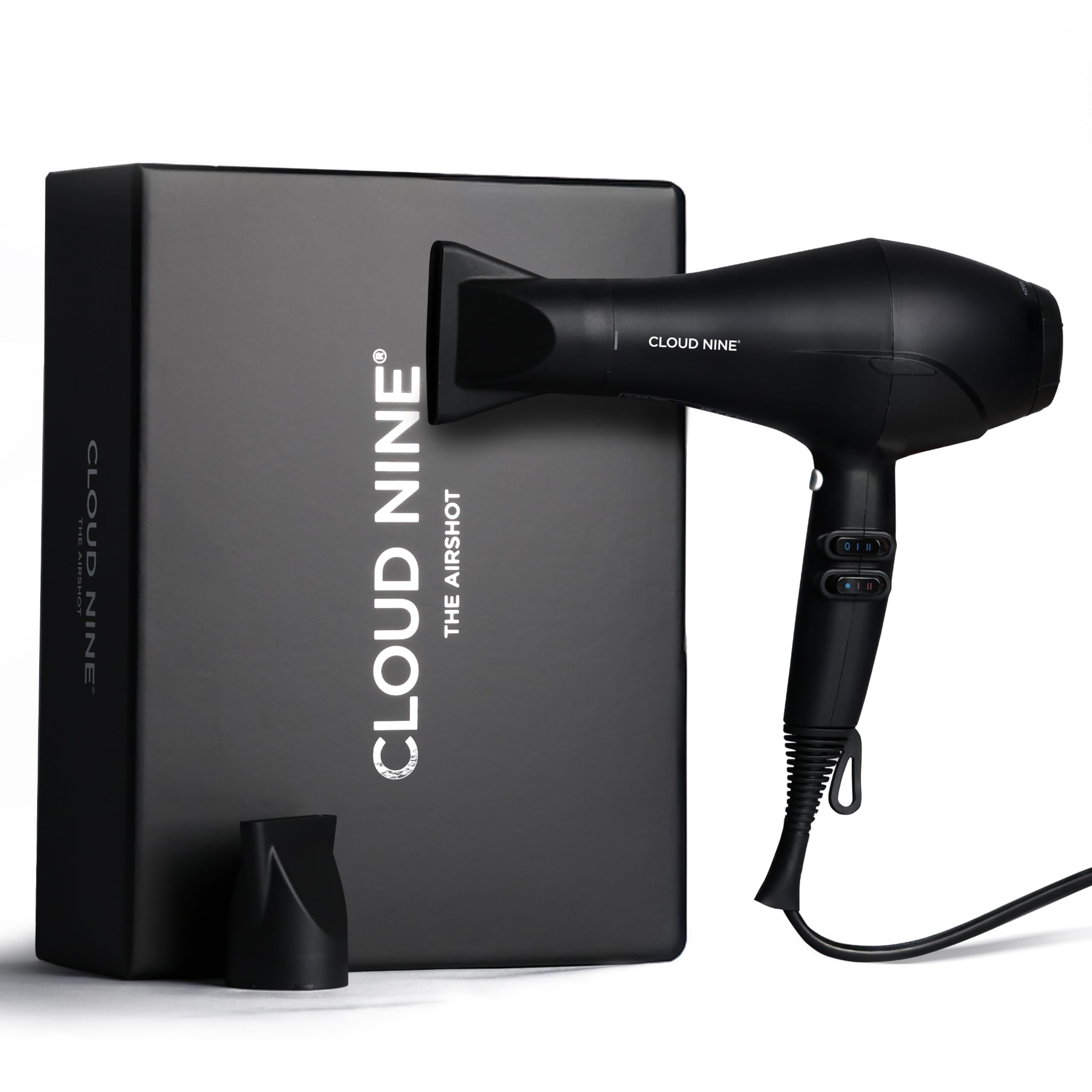 CLOUD NINE The Airshot Hair Dryer | Fast Compact 2000w All Hair Types | Variable Temperature Control Low Mid High | Two Nozzles Included | Anti Static Technology Super Compact Powerful (Black)