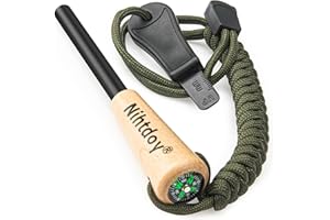 Nihtdoy Ferro Rod Fire Starter – Carbon Steel Striker & Compass-Integrated Wooden Handle | Flint and Steel Survival Tool for Camping, Hiking, Emergency