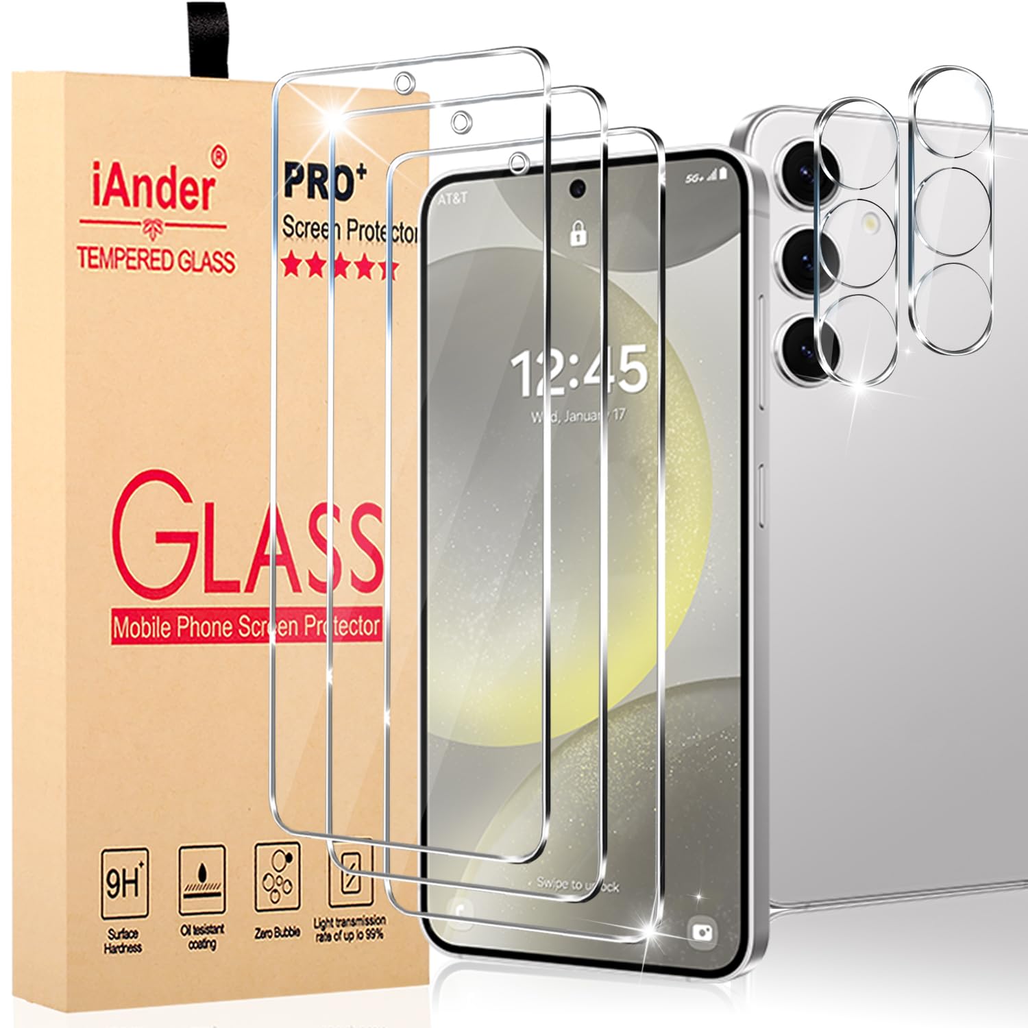 iAnder 3 Pack Glass Screen Protector for Galaxy S25, 3 Pack Camera Lens Protector with Easy Installation Tray, Supports Fingerprint Sensor, HD Retina Clarity, Case Friendly