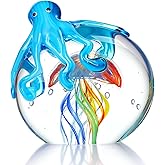 QFkris Colorful Glass Octopus and Jellyfish Figurines Collectible Handmade Glass Paperweight Ornament Sea Animal Artwork Sculpture Home Aquarium Decor Valentines Day Gift Craft Decoration(5.3inch)